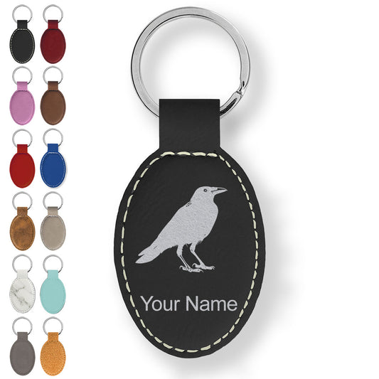 Faux Leather Oval Keychain, Crow, Personalized Engraving Included