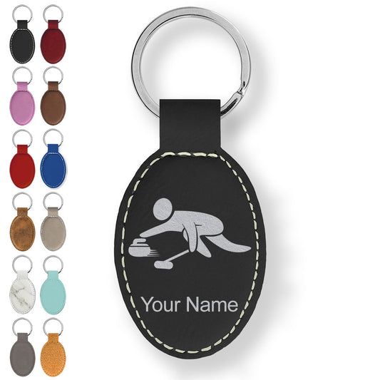 Faux Leather Oval Keychain, Curling Figure, Personalized Engraving Included