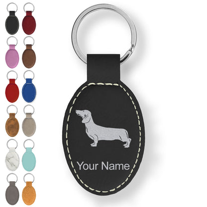 Faux Leather Oval Keychain, Dachshund Dog, Personalized Engraving Included