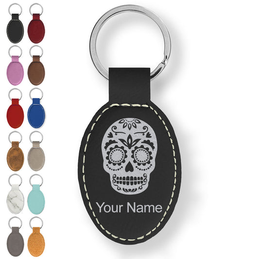 Faux Leather Oval Keychain, Day of the Dead, Personalized Engraving Included