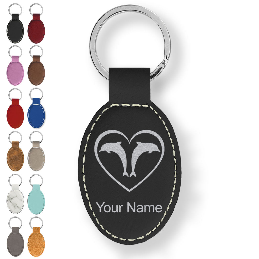 Faux Leather Oval Keychain, Dolphin Heart, Personalized Engraving Included