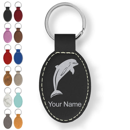 Faux Leather Oval Keychain, Dolphin, Personalized Engraving Included