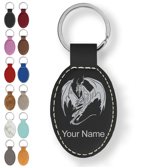 Faux Leather Oval Keychain, Dragon, Personalized Engraving Included