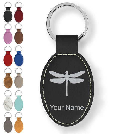 Faux Leather Oval Keychain, Dragonfly, Personalized Engraving Included