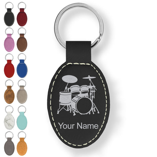 Faux Leather Oval Keychain, Drum Set, Personalized Engraving Included
