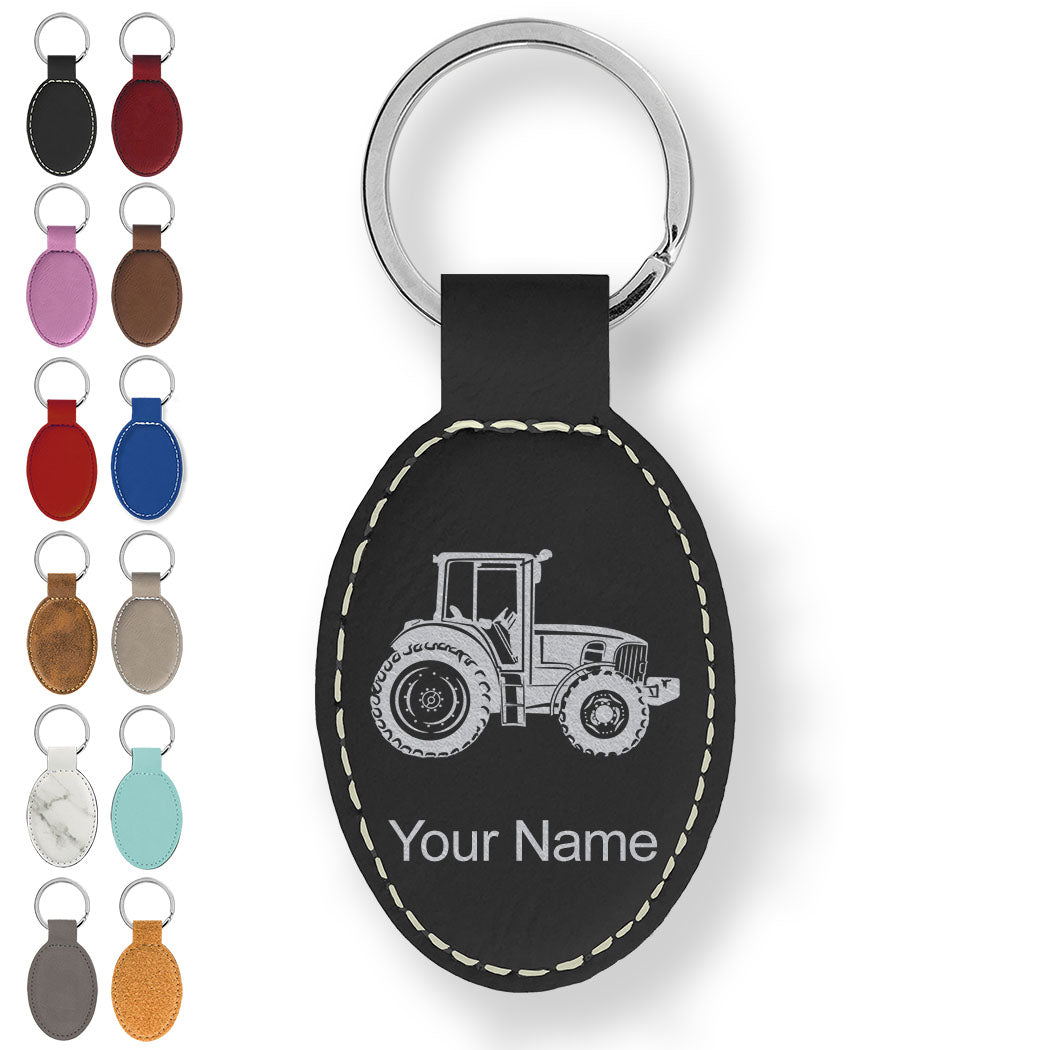 Faux Leather Oval Keychain, Farm Tractor, Personalized Engraving Included