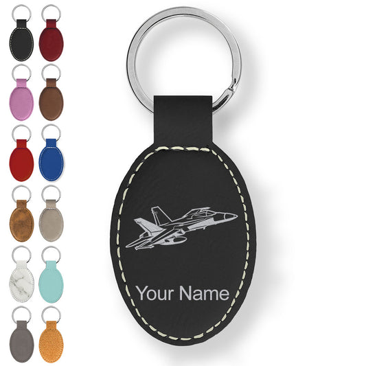 Faux Leather Oval Keychain, Fighter Jet 2, Personalized Engraving Included