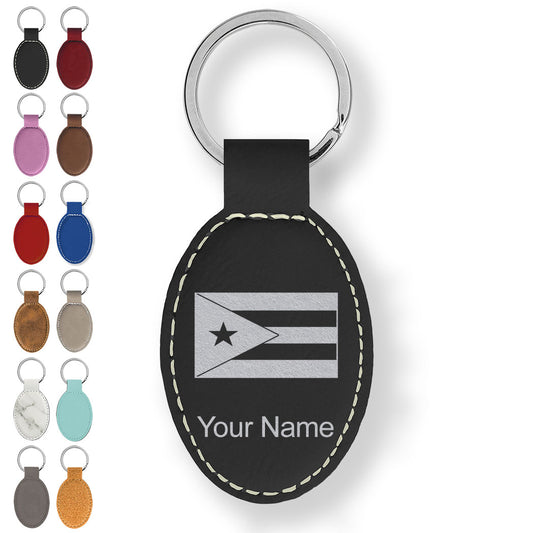 Faux Leather Oval Keychain, Flag of Puerto Rico, Personalized Engraving Included