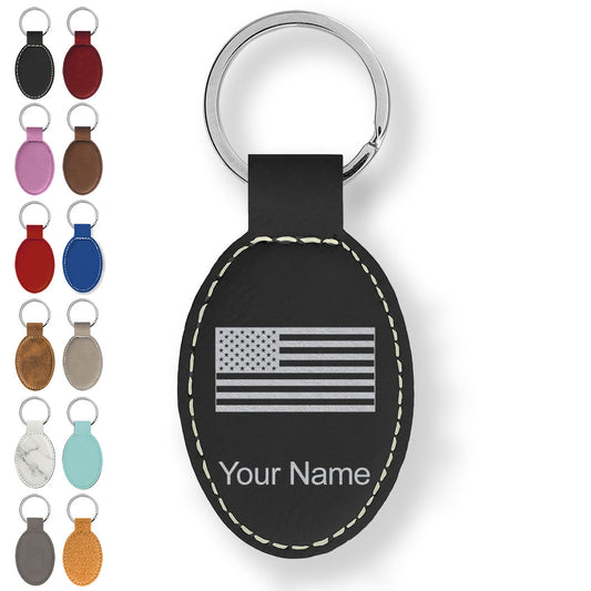 Faux Leather Oval Keychain, Flag of the United States, Personalized Engraving Included