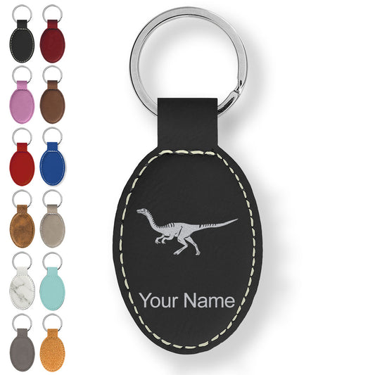 Faux Leather Oval Keychain, Gallimimus Dinosaur, Personalized Engraving Included