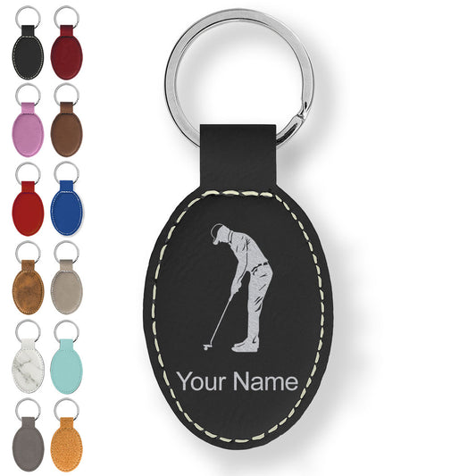 Faux Leather Oval Keychain, Golfer Putting, Personalized Engraving Included