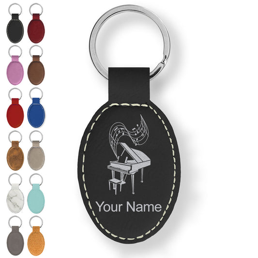 Faux Leather Oval Keychain, Grand Piano, Personalized Engraving Included