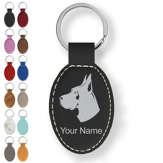 Faux Leather Oval Keychain, Great Dane Dog, Personalized Engraving Included