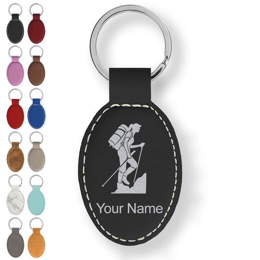 Faux Leather Oval Keychain, Hiker Woman, Personalized Engraving Included