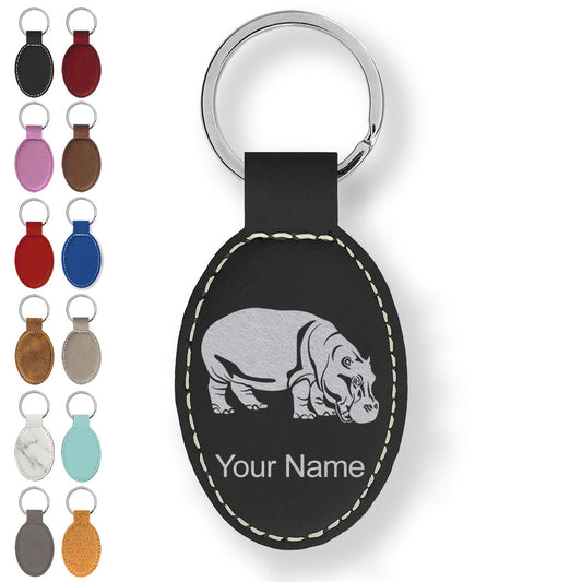 Faux Leather Oval Keychain, Hippopotamus, Personalized Engraving Included