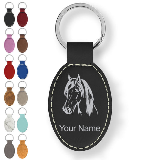 Faux Leather Oval Keychain, Horse Head 1, Personalized Engraving Included