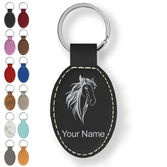 Faux Leather Oval Keychain, Horse Head 3, Personalized Engraving Included