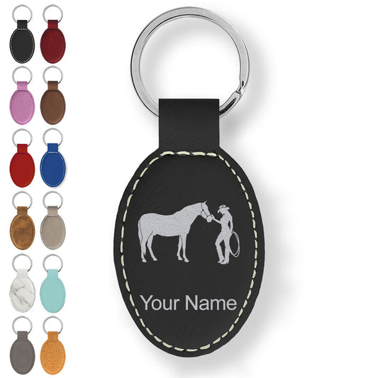 Faux Leather Oval Keychain, Horse and Cowgirl, Personalized Engraving Included