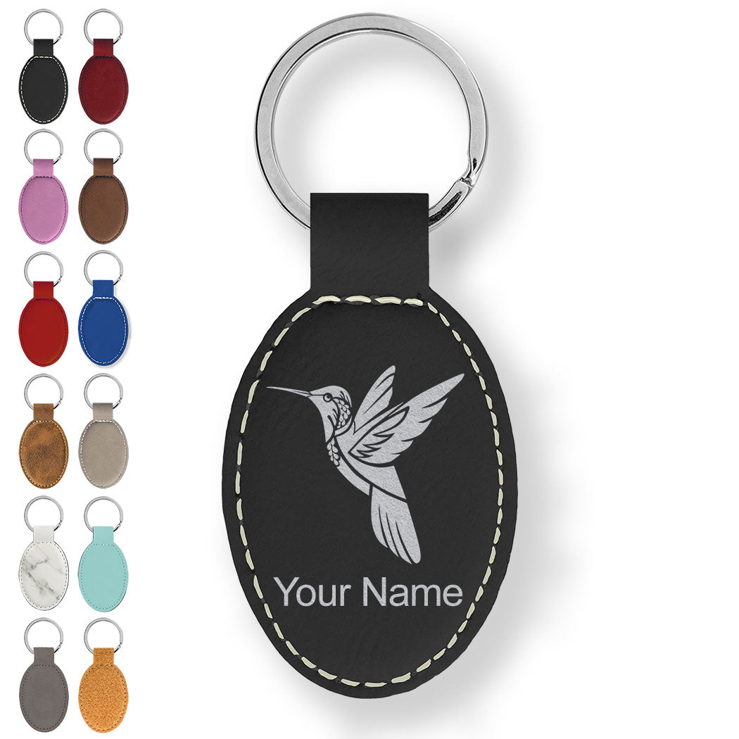 Faux Leather Oval Keychain, Hummingbird, Personalized Engraving Included