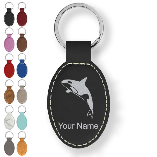 Faux Leather Oval Keychain, Killer Whale, Personalized Engraving Included