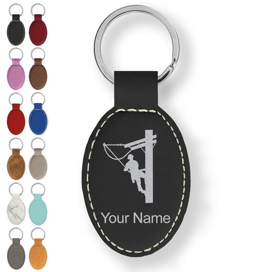 Faux Leather Oval Keychain, Lineman, Personalized Engraving Included