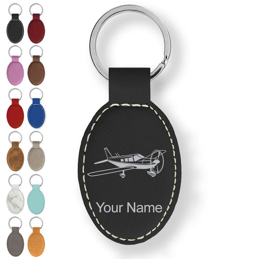 Faux Leather Oval Keychain, Low Wing Airplane, Personalized Engraving Included