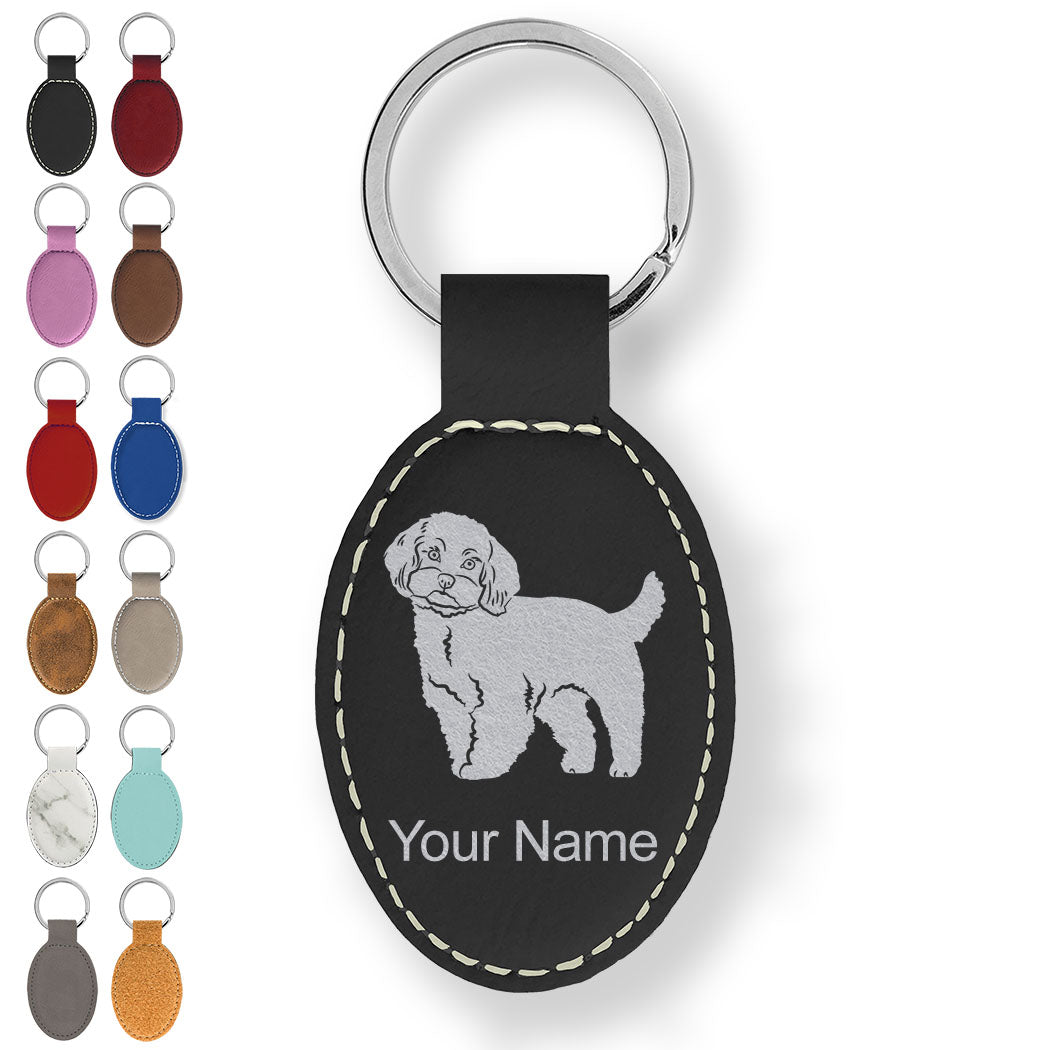 Faux Leather Oval Keychain, Maltese Dog, Personalized Engraving Included