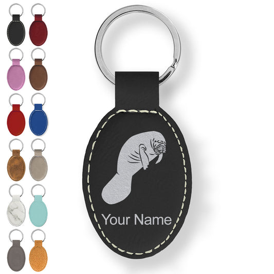 Faux Leather Oval Keychain, Manatee, Personalized Engraving Included