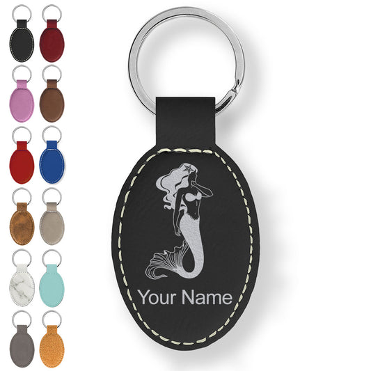 Faux Leather Oval Keychain, Mermaid, Personalized Engraving Included