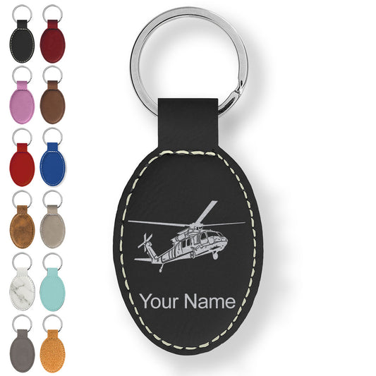 Faux Leather Oval Keychain, Military Helicopter 1, Personalized Engraving Included