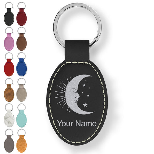 Faux Leather Oval Keychain, Moon, Personalized Engraving Included