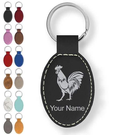 Faux Leather Oval Keychain, Rooster, Personalized Engraving Included
