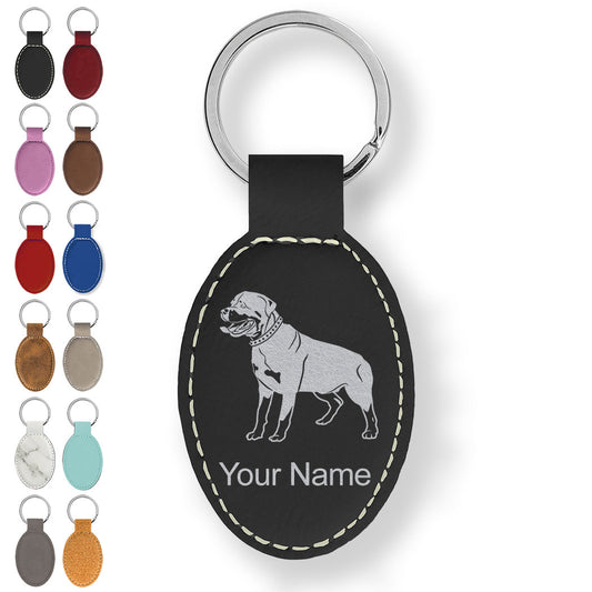 Faux Leather Oval Keychain, Rottweiler Dog, Personalized Engraving Included