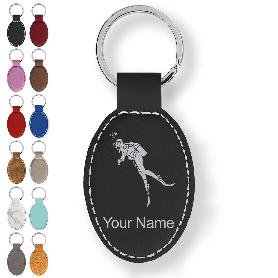 Faux Leather Oval Keychain, Scuba Diver, Personalized Engraving Included