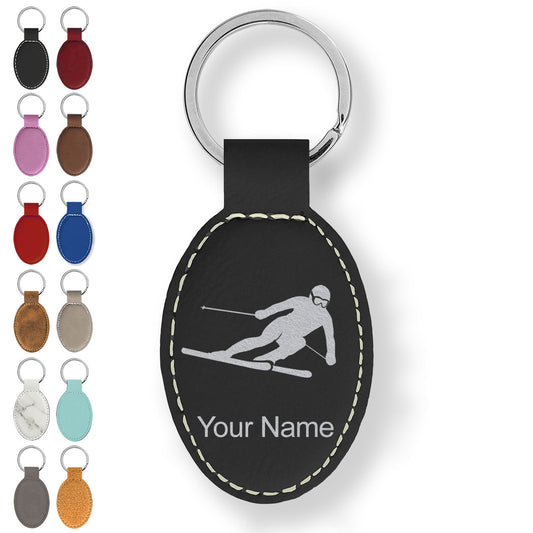 Faux Leather Oval Keychain, Skier Downhill, Personalized Engraving Included