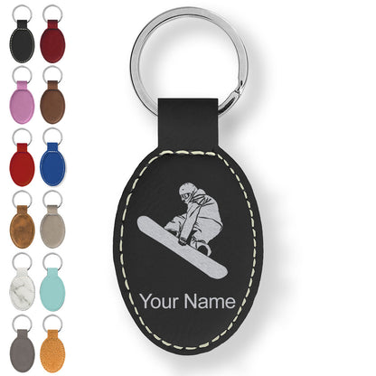 Faux Leather Oval Keychain, Snowboarder Man, Personalized Engraving Included