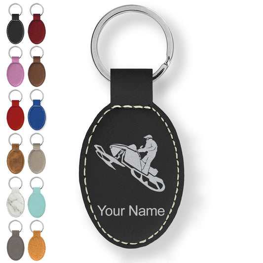 Faux Leather Oval Keychain, Snowmobile, Personalized Engraving Included