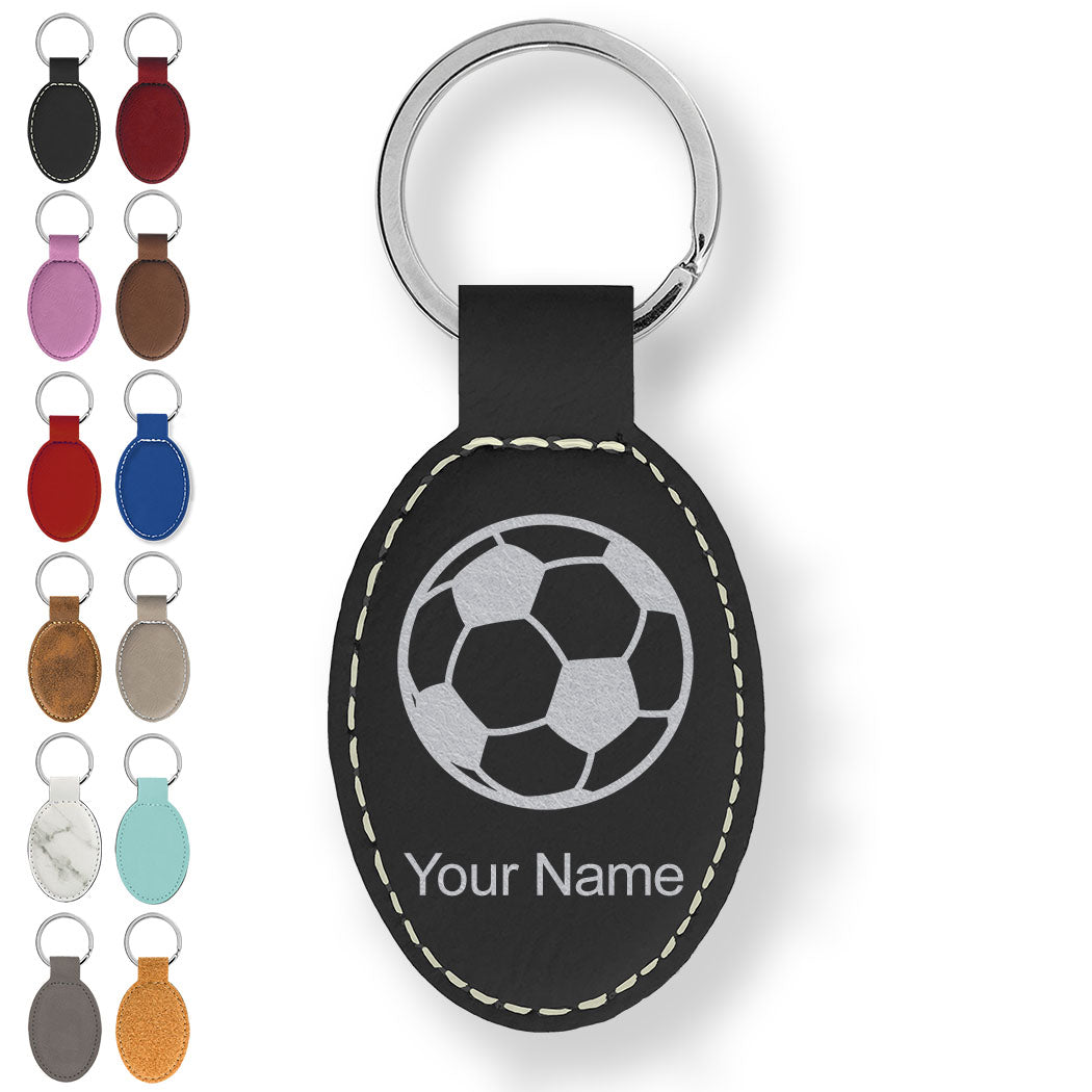 Faux Leather Oval Keychain, Soccer Ball, Personalized Engraving Included