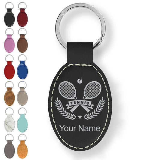 Faux Leather Oval Keychain, Tennis Rackets, Personalized Engraving Included