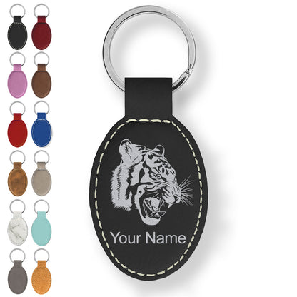 Faux Leather Oval Keychain, Tiger Head, Personalized Engraving Included