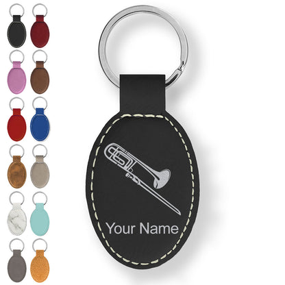 Faux Leather Oval Keychain, Trombone, Personalized Engraving Included