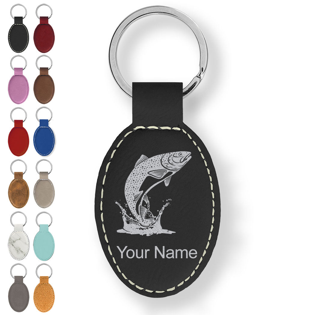 Faux Leather Oval Keychain, Trout Fish, Personalized Engraving Included