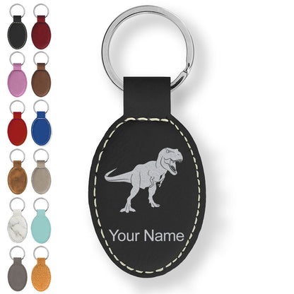Faux Leather Oval Keychain, Tyrannosaurus Rex Dinosaur, Personalized Engraving Included