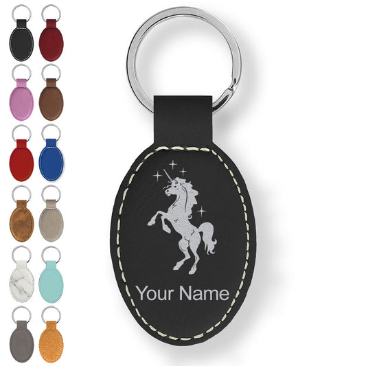 Faux Leather Oval Keychain, Unicorn, Personalized Engraving Included
