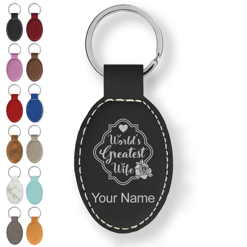 Faux Leather Oval Keychain, World's Greatest Wife, Personalized Engraving Included