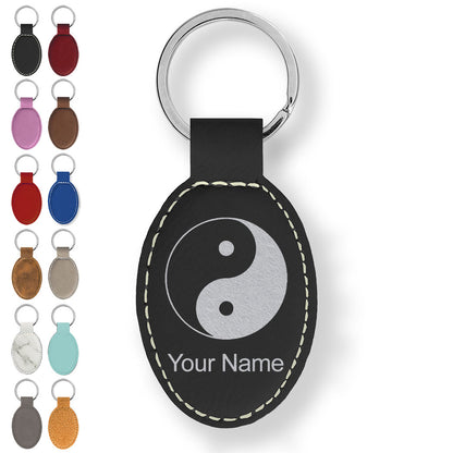 Faux Leather Oval Keychain, Yin Yang, Personalized Engraving Included