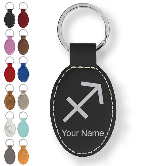 Faux Leather Oval Keychain, Zodiac Sign Sagittarius, Personalized Engraving Included