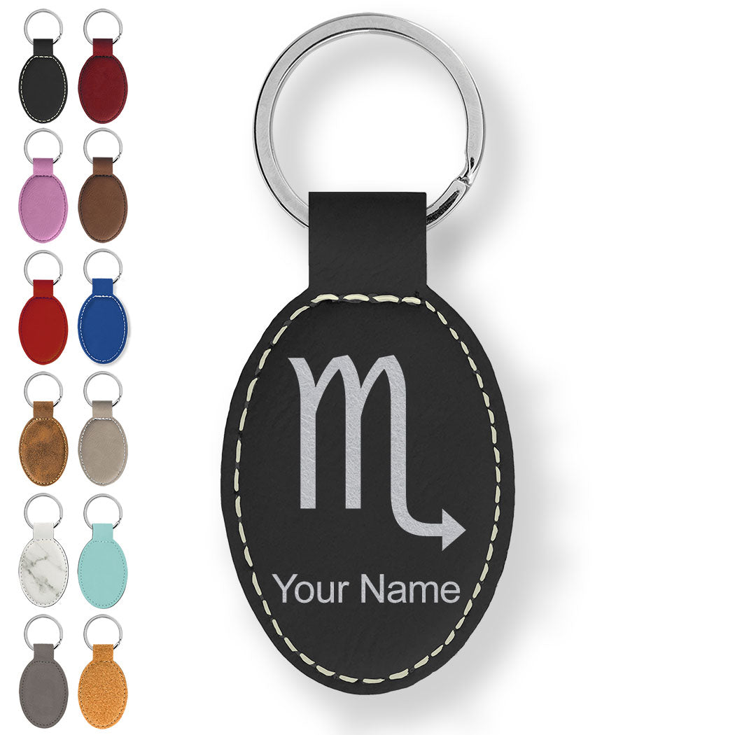 Faux Leather Oval Keychain, Zodiac Sign Scorpio, Personalized Engraving Included