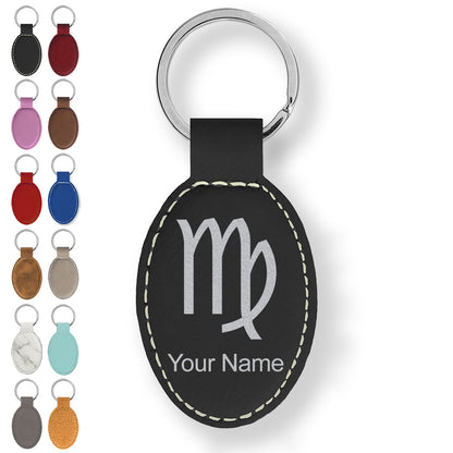 Faux Leather Oval Keychain, Zodiac Sign Virgo, Personalized Engraving Included