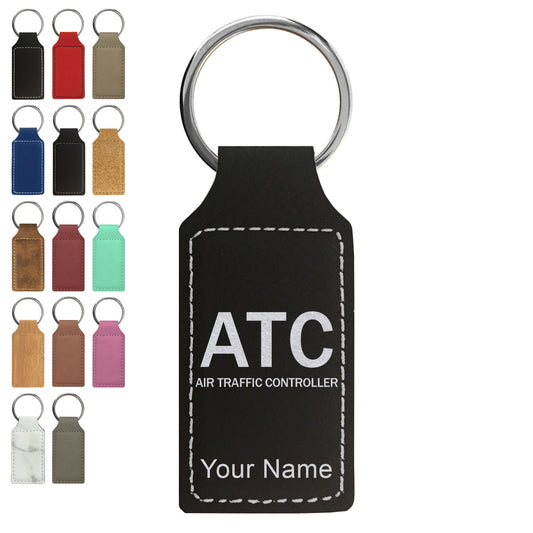 Faux Leather Rectangle Keychain, ATC Air Traffic Controller, Personalized Engraving Included